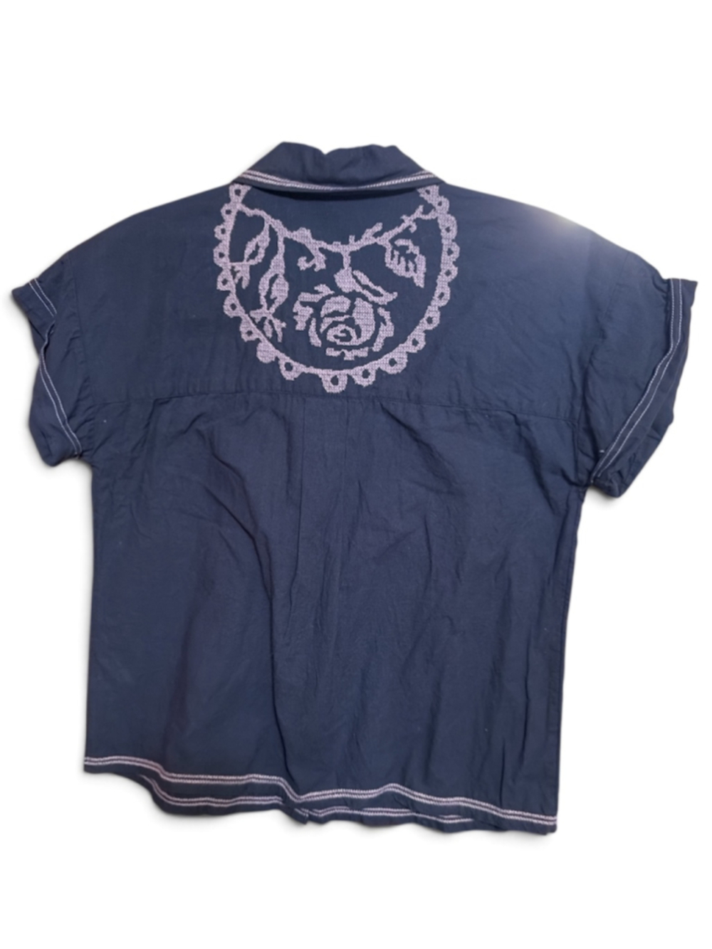 Free People Summer Love Button Down Shirt XS Blue Pink Embroidered Floral - Picture 2 of 4